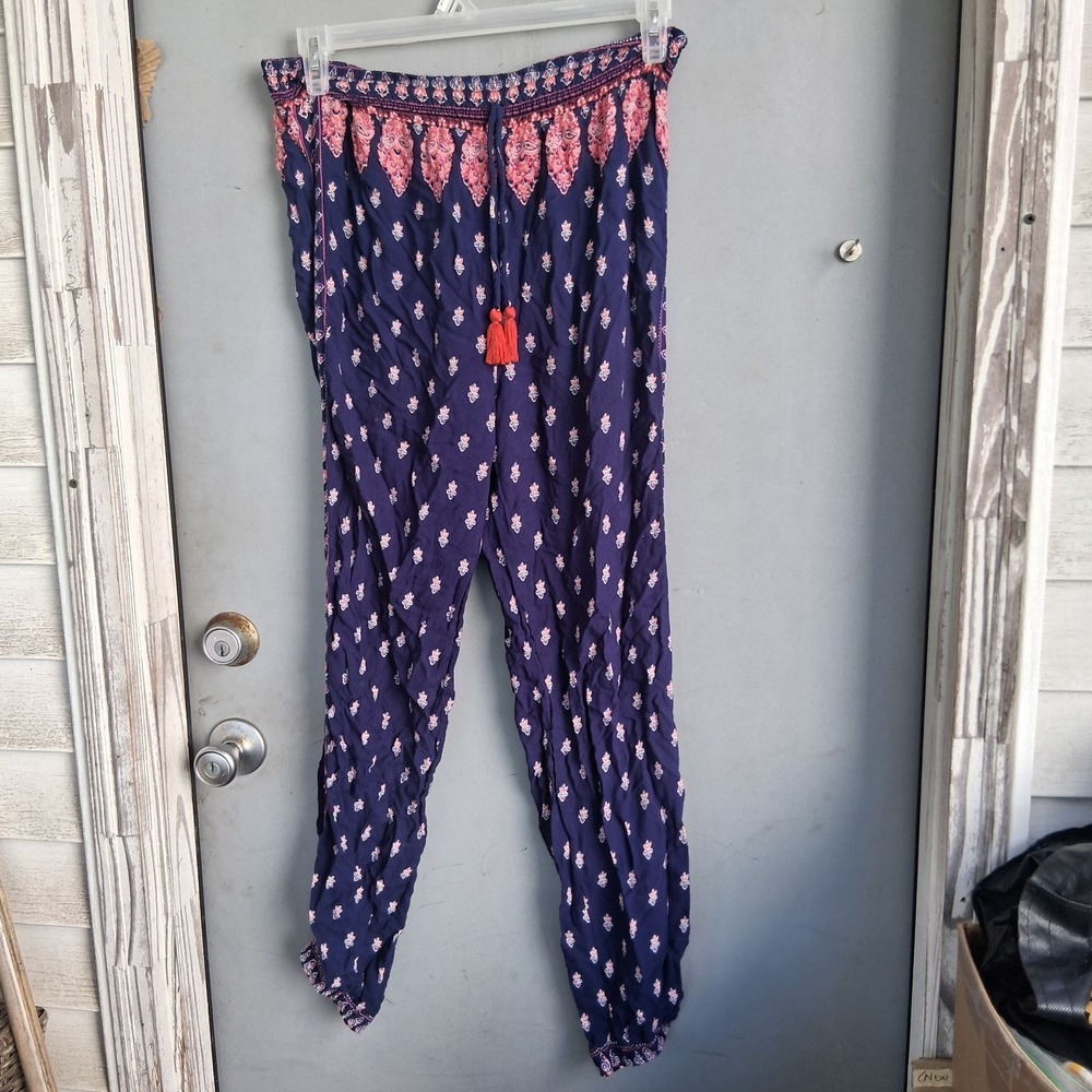 Flowy Boho Japna Lounge Blue Red AOP Harem Pants EUC L